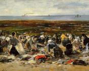 尤金 布丹 : Etretat, Laundresses on the Beach, Low Tide